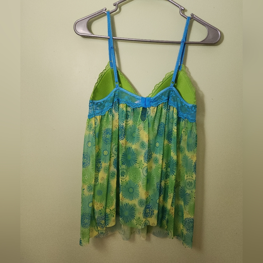 Y2K 2006 Victoria's Secret S Green & Blue Lace Sheer Babydoll Cami Chemise Top - Picture 6 of 15
